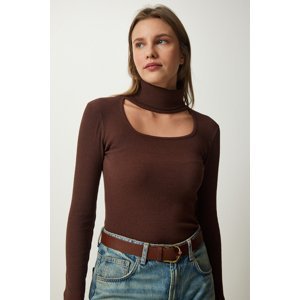 Happiness İstanbul Women's Brown Cut Out Detailed Turtleneck Corduroy Knitted Blouse