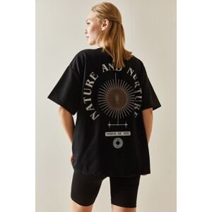 XHAN Black Crew Neck Back Printed Oversize T-Shirt 4KXK1-47897-02