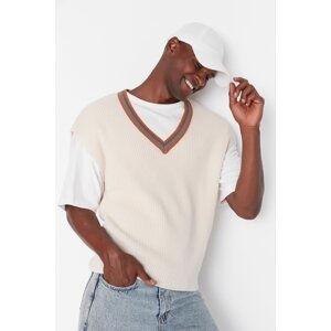 Trendyol Beige Men's Oversize Fit Wide Fit V-Neck Knitwear Sweater