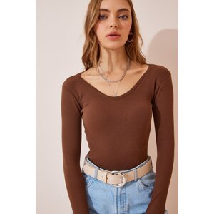 Happiness İstanbul Women's Brown V-Neck Ribbed Lycra Knitted Blouse