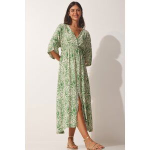 Happiness İstanbul Women's Light Green Deep V-Neck Summer Long Viscose Dress