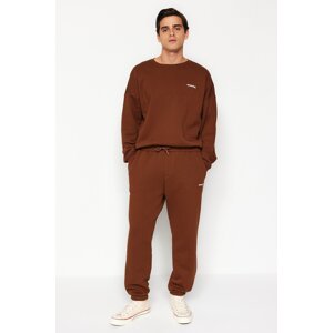 Trendyol Dark Brown Oversize/Wide Cut Text Print Warm Sweatshirt Tracksuit