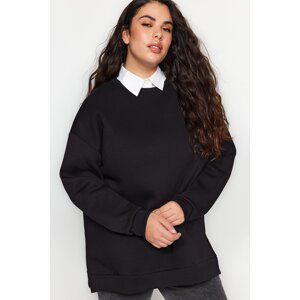 Trendyol Curve Black Thick Polar Fleece Inside Slit Oversize Knitted Plus Size Sweatshirt