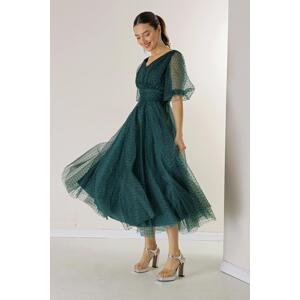 By Saygı Front Back V Neck Short Balloon Sleeve Lined Bud Pattern Silvery Dahya Fabric Dress