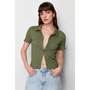 Trendyol Khaki Textured Fitted/Fitted Short Sleeve Stretch Knitted Blouse