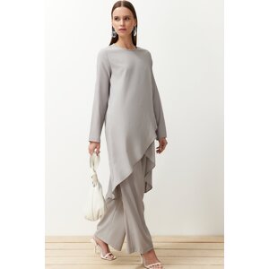 Trendyol Gray Asymmetrical Woven Tunic Trousers Top and Bottom Set