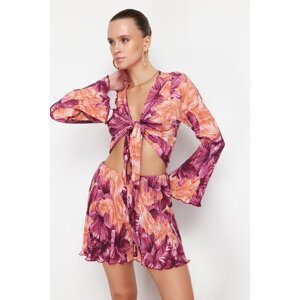 Trendyol Multi-Colored Floral Printed Pleated Long-Sleeved Stretch Knitted Bottom-Top Suit