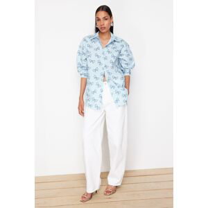 Trendyol Blue Bow Patterned Striped Oversize Wide Fit Woven Shirt