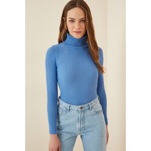 Happiness İstanbul Women's Blue Turtleneck Corded Lycra Sweater