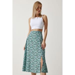 Happiness İstanbul Women's Water Green White Floral Slit Summer Viscose Skirt