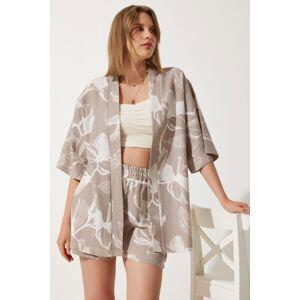 Happiness İstanbul Women's Stone Tropical Patterned Summer Raw Linen Kimono Shorts