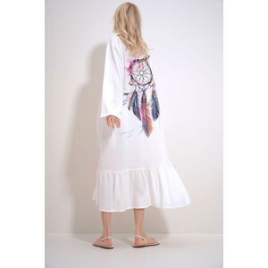 Trend Alaçatı Stili Women's White Single Pocket Skirt Flounced Back Printed Woven Viscose Shirt Dress