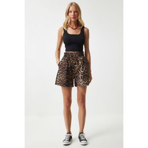 Happiness İstanbul Women's Black Beige Leopard Patterned High Waist Shorts