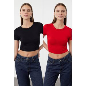 Trendyol Premium Red-Black 2 Pack Crop Viscose/Soft Fabric Stretchy Knitted Blouse