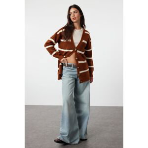 Trendyol Brown Wide Fit Soft Textured Striped Knitwear Cardigan