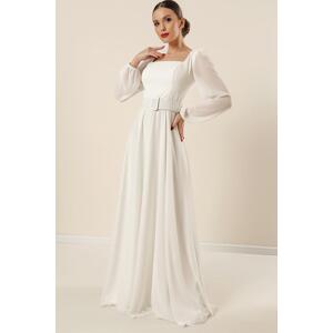By Saygı Square Neck Belted Waist Lined Chiffon Long Evening Dress