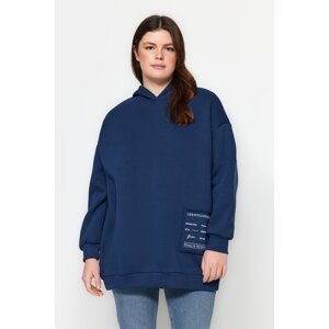 Trendyol Curve Indigo Hooded Slogan Detailed Fleece Thick Knitted Sweatshirt