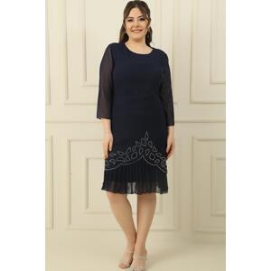 By Saygı Plus Size Crepe Dress with Chiffon Pleated Stone Detail on Sleeves and Hem