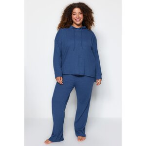 Trendyol Curve Indigo Hooded Collar Relaxed Fit Knitted Camisole Plus Size Top-Bottom Set
