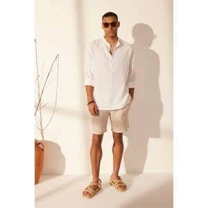 Trendyol Premium White 100% Linen Regular Half Placket Shirt with Judge Collar