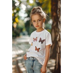 Trendyol White Girl Child 100% Cotton Butterfly Patterned Regular/Normal Pattern Short Sleeve Knit T-shirt