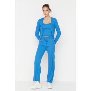 Trendyol Blue Ribbed Blouse Cardigan Trousers Knitwear Two Piece Set