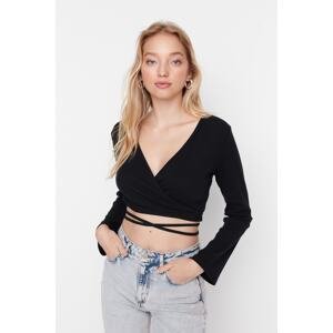 Trendyol Black Ribbed Fitted Long Sleeve Double Breasted Crop Cotton Stretch Knitted Blouse