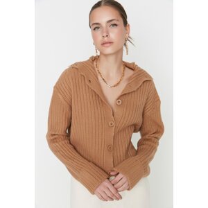 Trendyol Camel Crop Soft Textured Stand-Up Collar Knitwear Cardigan