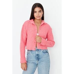 Trendyol Pink Crop Soft Textured Stand-Up Collar Knitwear Cardigan