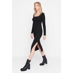 Trendyol Black Ribbed Square Neckline Fitted Long Sleeves a Slit Midi Dress