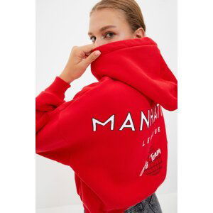 Trendyol Red Back Print Detailed Hooded Thick Inside Fleece Knitted Sweatshirt