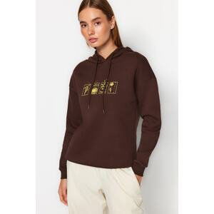 Trendyol Brown Printed Hoodie and Knitted Sweatshirt with Fleece Inside