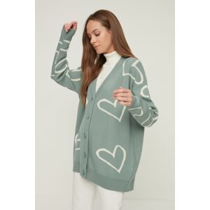 Trendyol Mint V-Neck Heart Patterned Knitwear Cardigan