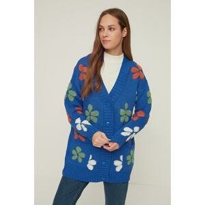 Trendyol Blue V-Neck Floral Embroidery Knitwear Cardigan