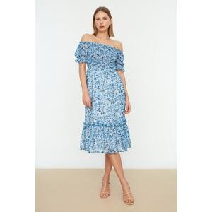 Trendyol Blue Lined Chiffon Carmen Collar Gimped Midi Woven Dress