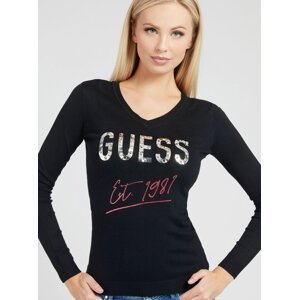 Černý dámský svetr s nápisem s ozdobnými detaily Guess Logo V Nec - Dámské