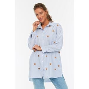 Trendyol Blue Striped Teddy Bear Embroidered Woven Cotton Shirt