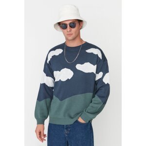 Trendyol Indigo Men's Oversize Fit Crew Neck Landscape Patterned Knitwear Sweater