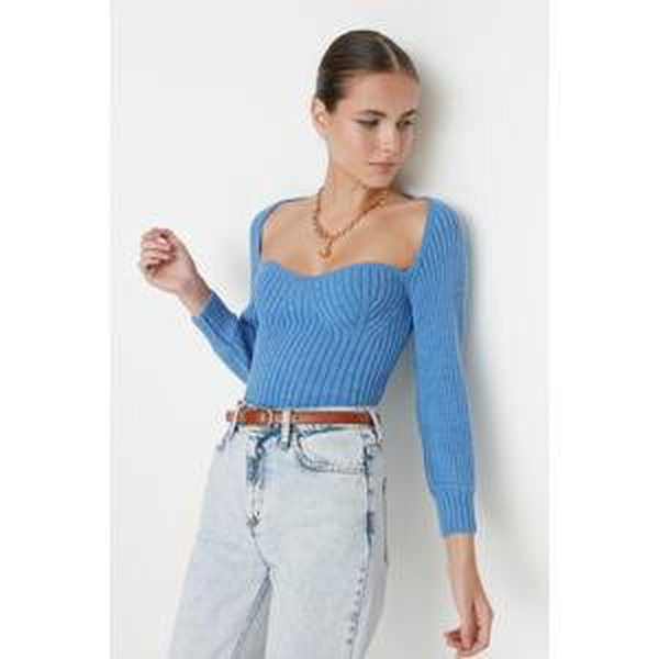 Trendyol Blue Crop Heart Collar Knitwear Sweater