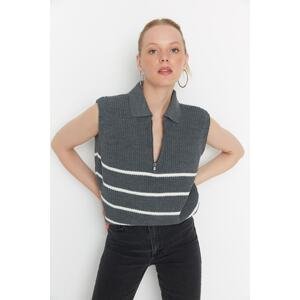 Trendyol Anthracite Zipper Striped Tricot Sweater