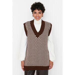 Trendyol Brown Striped V-Neck Knitwear Sweater