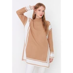 Trendyol Brown Striped Stand Up Collar Knitwear Sweater