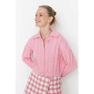 Trendyol Pink Button Detailed Polo Neck Crop Knitwear Cardigan