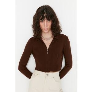 Trendyol Brown Crop Zippered Knitwear Cardigan