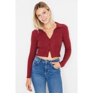 Trendyol Claret Red Button Detailed Crop Fitted Polo Neck Corduroy Knitted Stretch Blouse