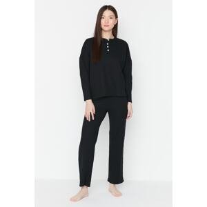 Trendyol Black Cotton Button Detailed Textured Knitted Pajamas Set