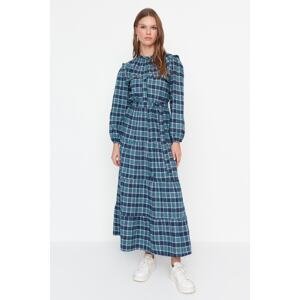 Trendyol Blue Checkered Woven Dress with Belted Waist