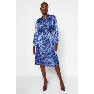 Trendyol Blue Belted Floral Pattern Satin Midi Woven Dress