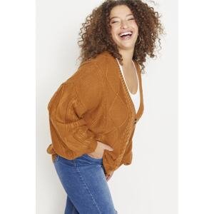 Trendyol Curve Tan Hair Braid Detailed V-Neck Buttoned Knitted Cardigan