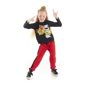 Mushi Rock Cat Girl Child Black T-shirt, Red Sweatpants Set.